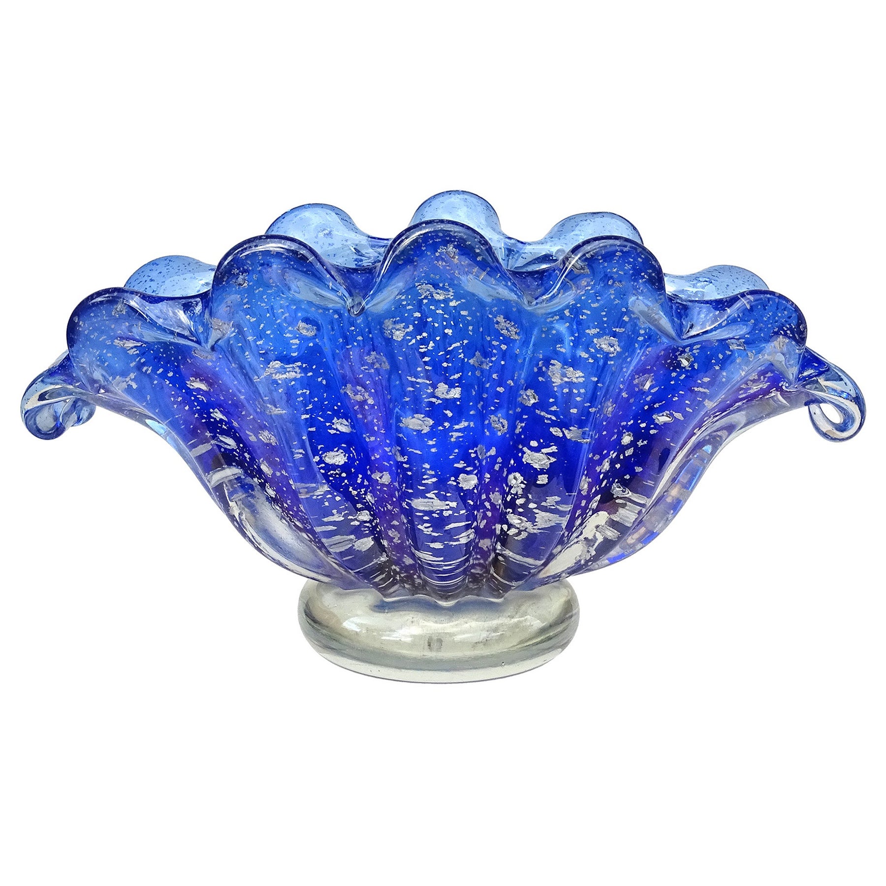 Barovier Toso Murano Cobalt Blue Silver Flecks Italian Art Glass Shell Bowl Vase