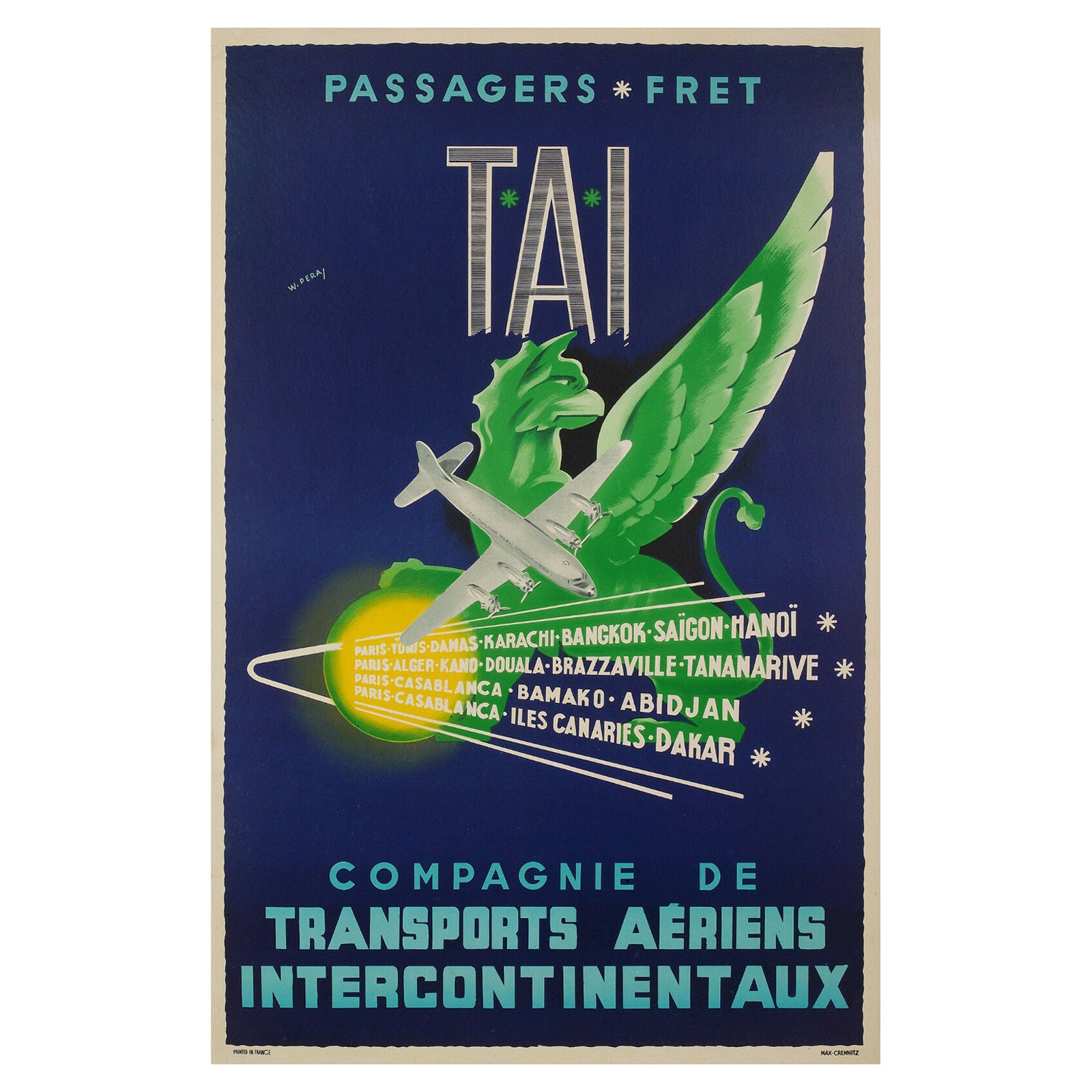 Affiche originale d'aviation - W. Pera-Tai-Afrique-Asie-Indochine, c.1950 en vente