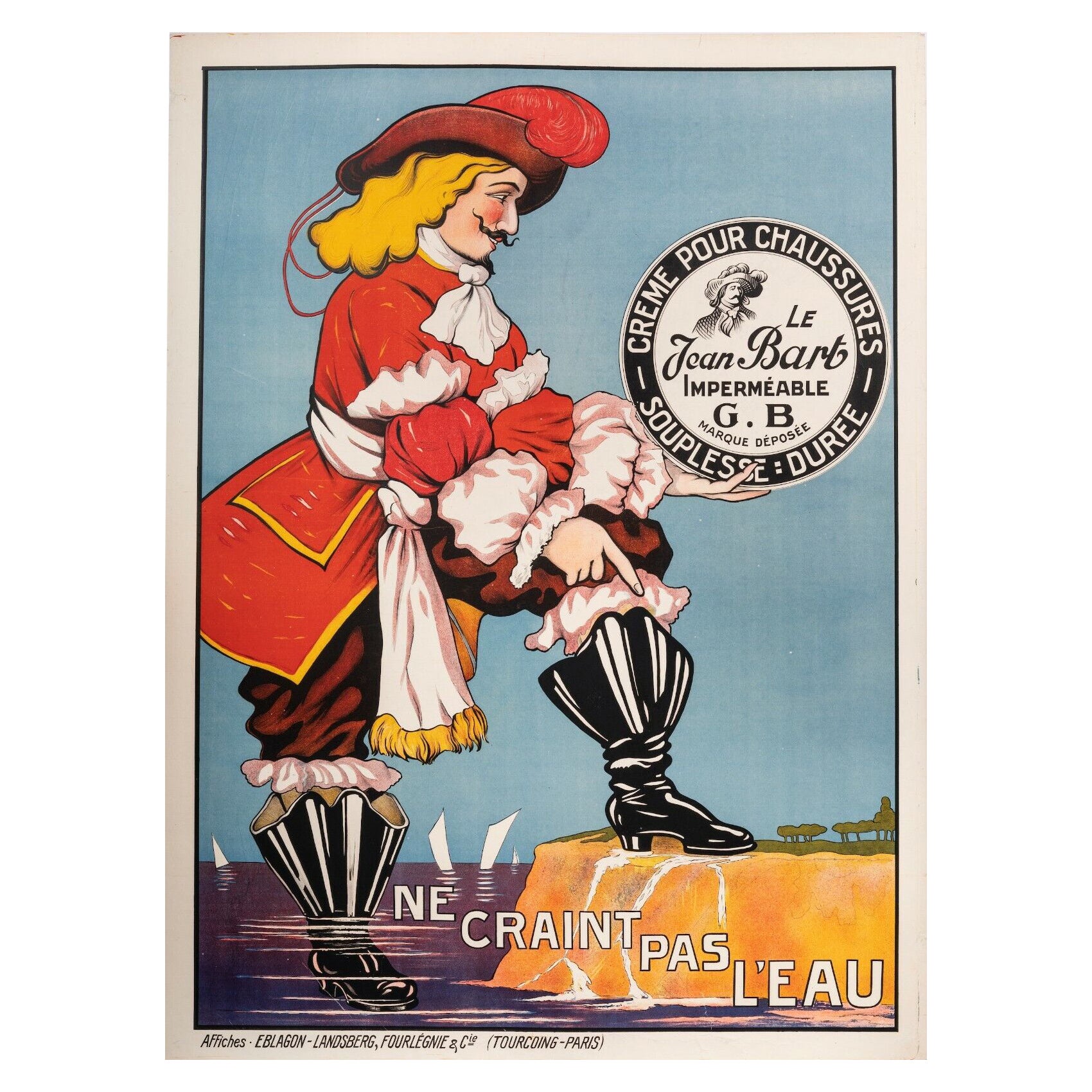 Affiche vintage d'origine Jean Bart Shoe Polish-Corsair- Pirate-Boot, c. 1930 en vente