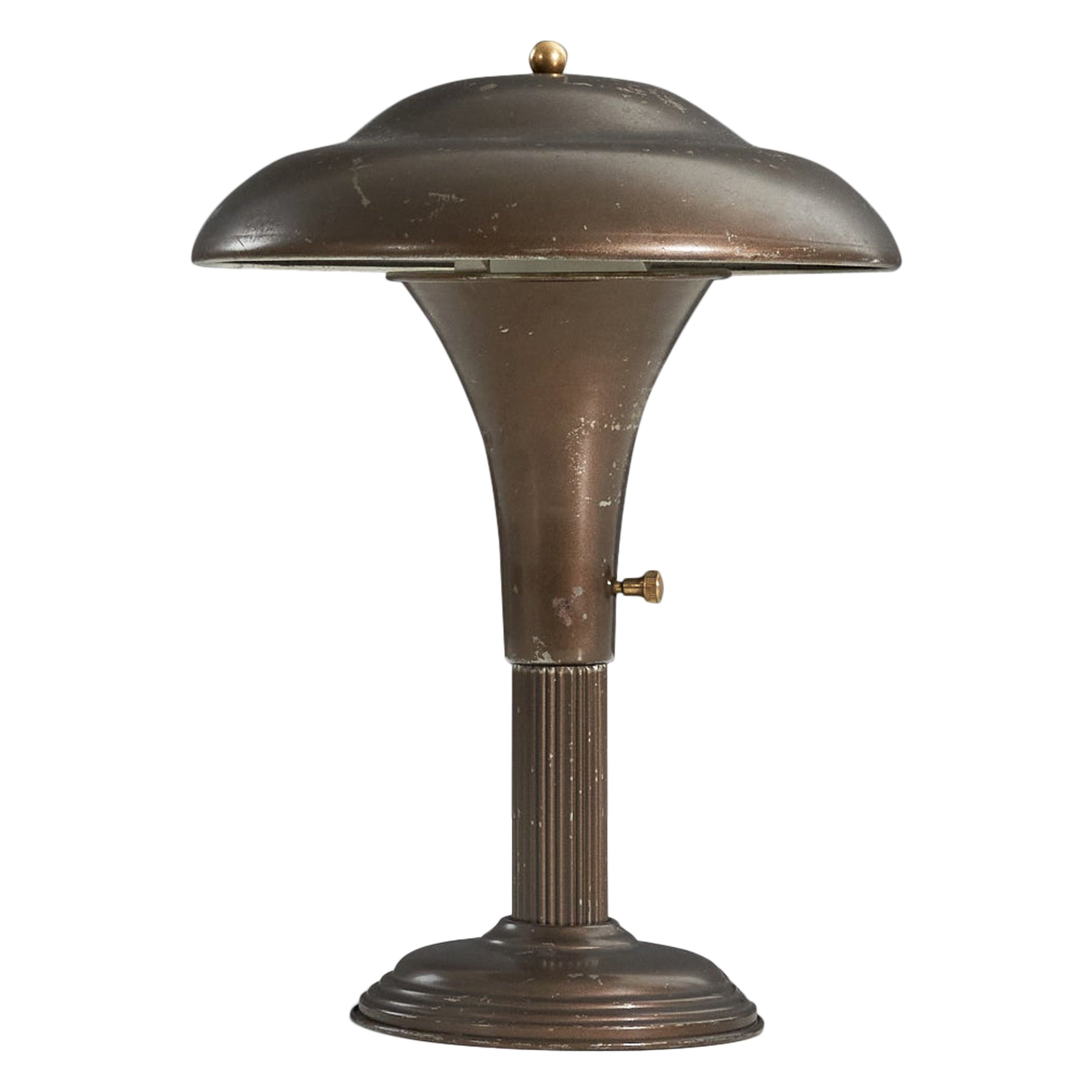 Amerikanischer Designer, Tischlampe, Braunes Metall, Vereinigte Staaten, 1930er Jahre