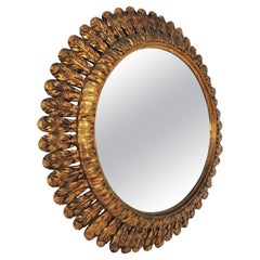 French Sunburst Mirror with Foliage Frame, Carved Giltwood