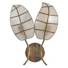 Vintage Italian Designer, Leaf Sconce, Brass, Glass, Italy, 1960s