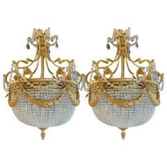 Pair of Gilt Bronze Louis XVI Style Ballroom Chandeliers, Crystal, Rewired