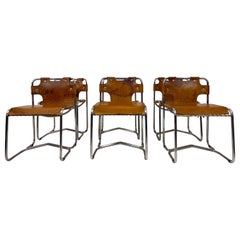 Set of Six 1960s Italian Leather and Chrome Dining Chairs