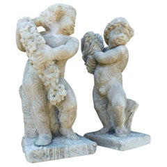 Pair of Statues Sculptures of Stone Cherubs, Italy