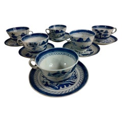 Antique Set of Six Cantonese Blue & White Teacups with Saucers 19thC Early 20thC 
