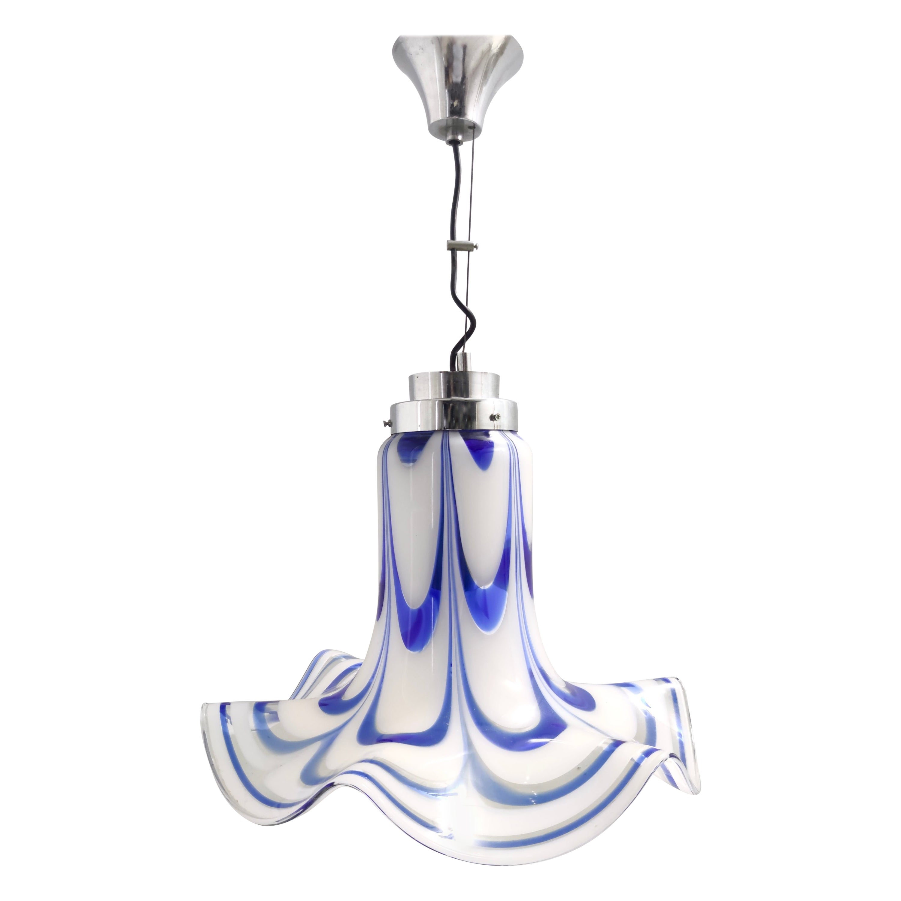 Postmodern Blue & White Murano Glass Pendant Ascribable to Mazzega, Italy, 1970s