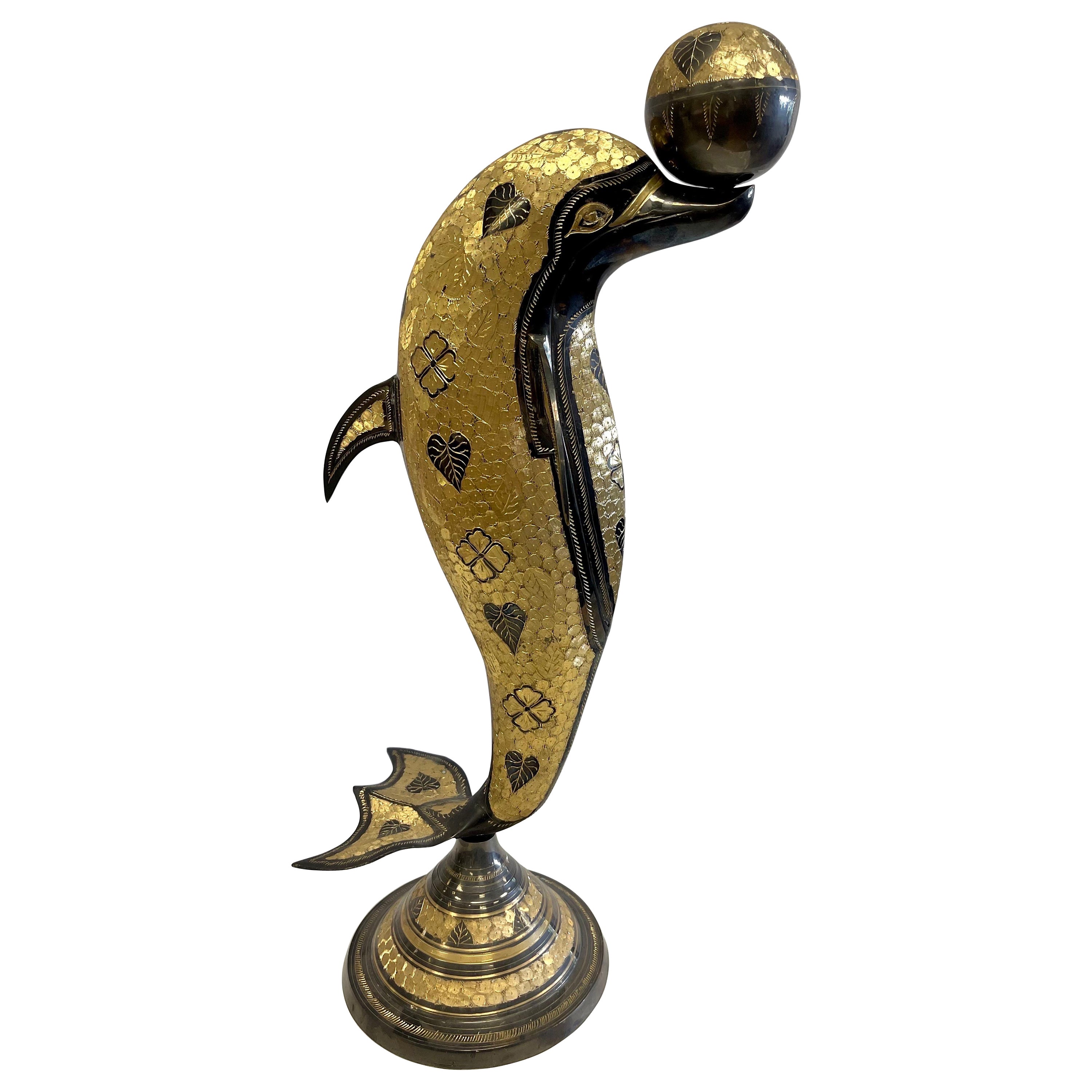 Brass Dolphin Sculpture Mid Century For Sale