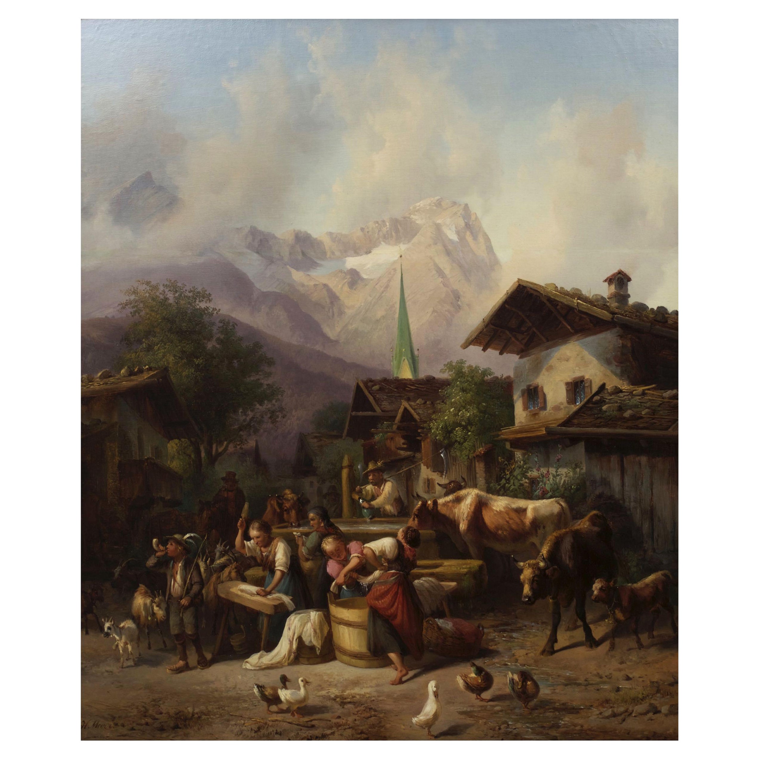 Peinture ancienne - paysage, « Un village alpin » par  Joseph Heinrich Marr (allemand)