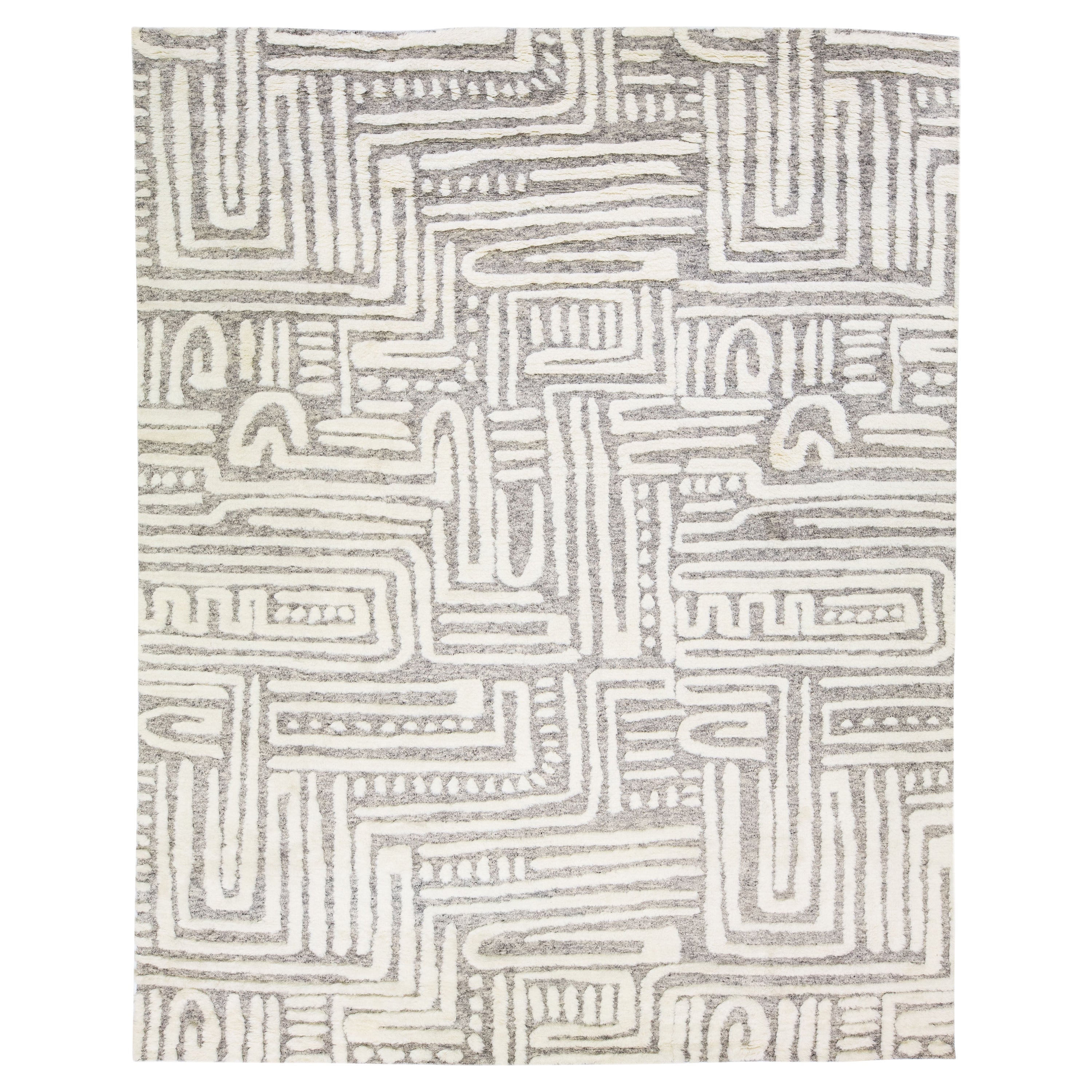 Ivory Modern Moroccan Style Handmade Wool Rug with Abstract Motif by