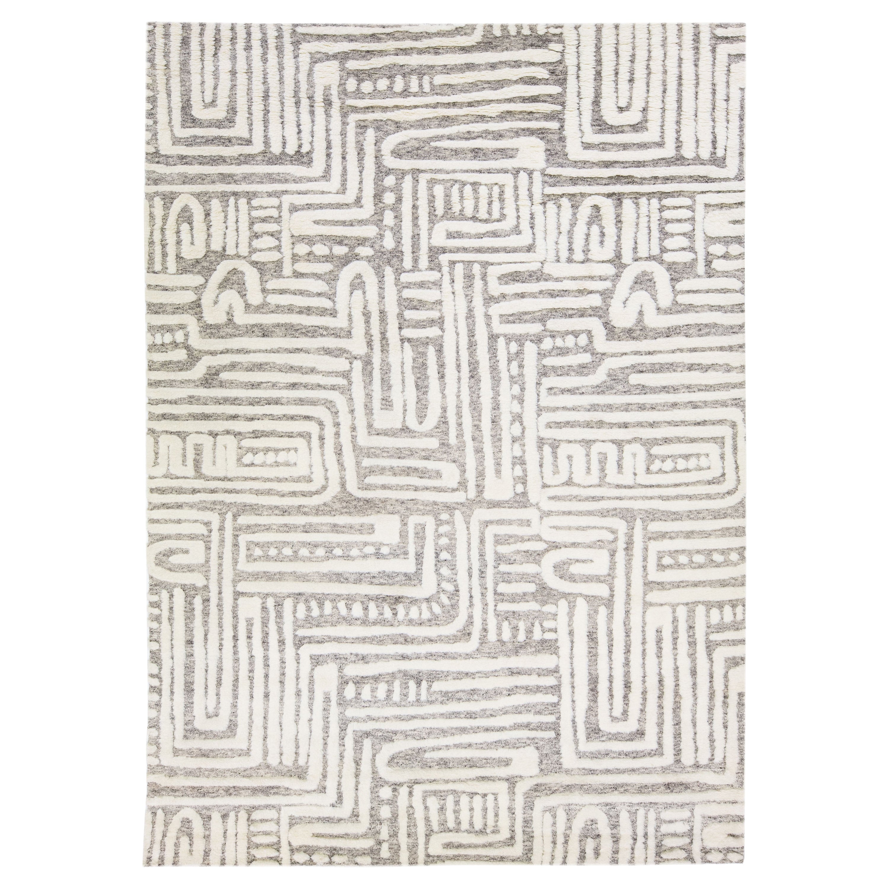 Light Grey Modern Moroccan Style Handmade Abstract Designed Wool Rug by Apadana