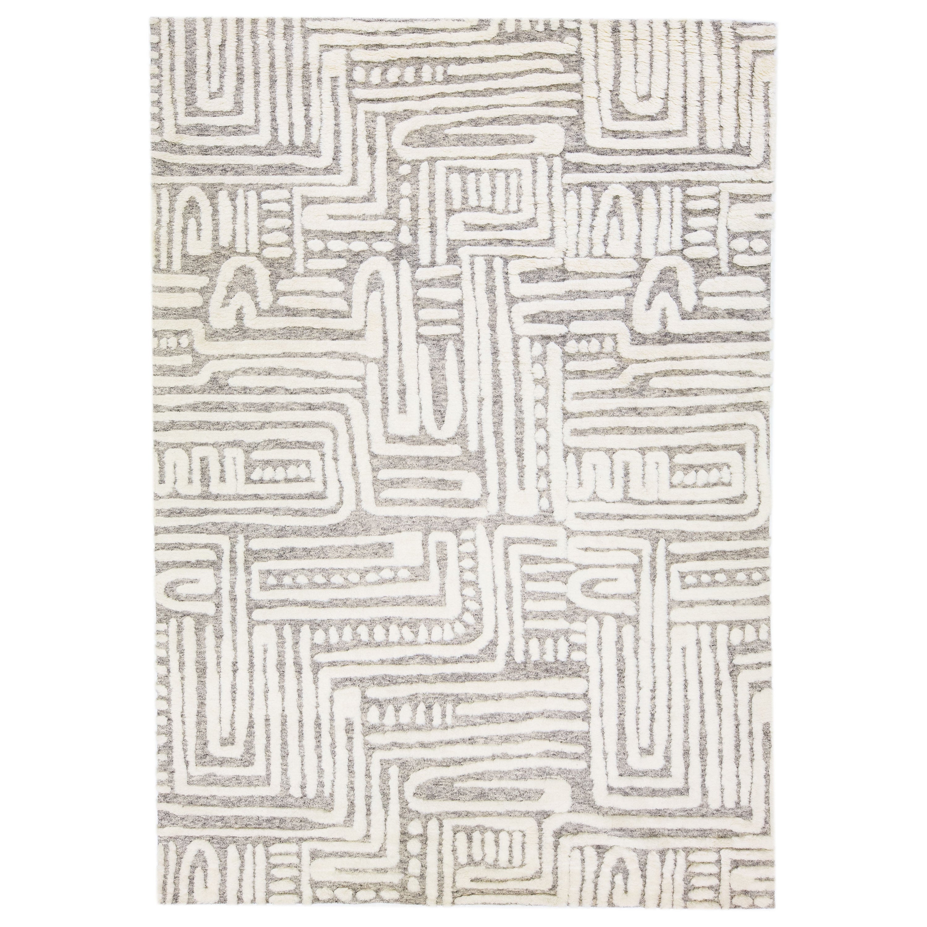 Ivory Modern Moroccan Style Handmade Abstract Designed Wool Rug by Apadana For Sale