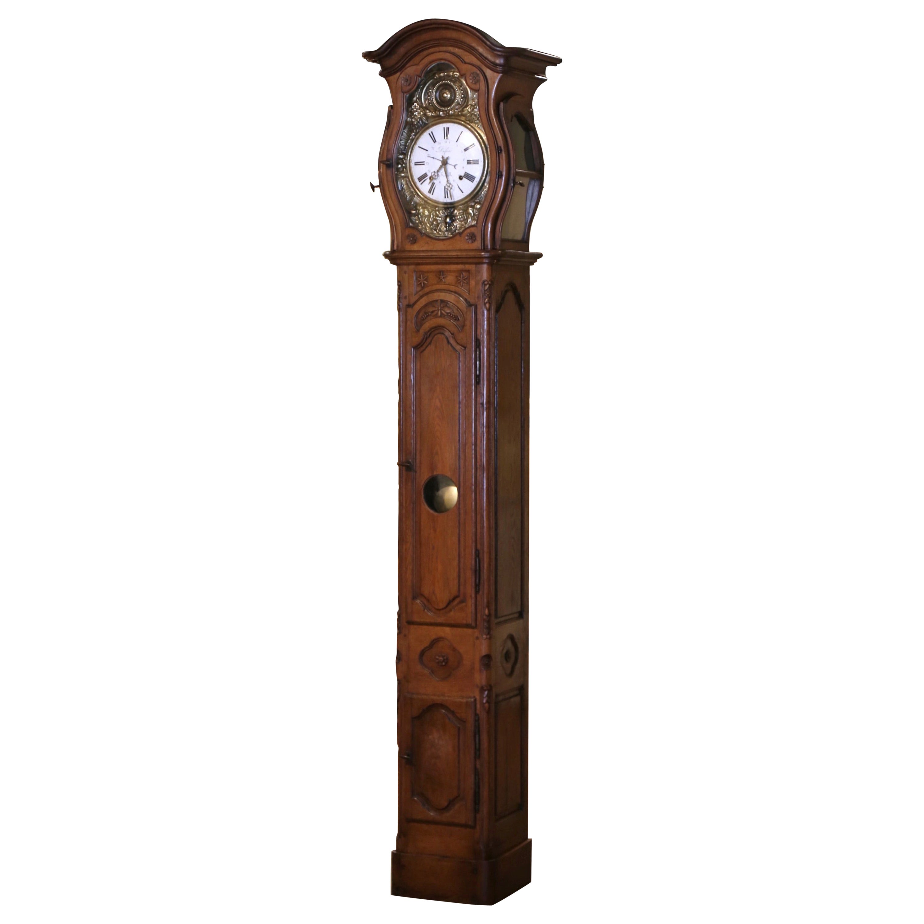 18th Century French Louis XV Carved Oak and Walnut Tall Case Clock from Lyon