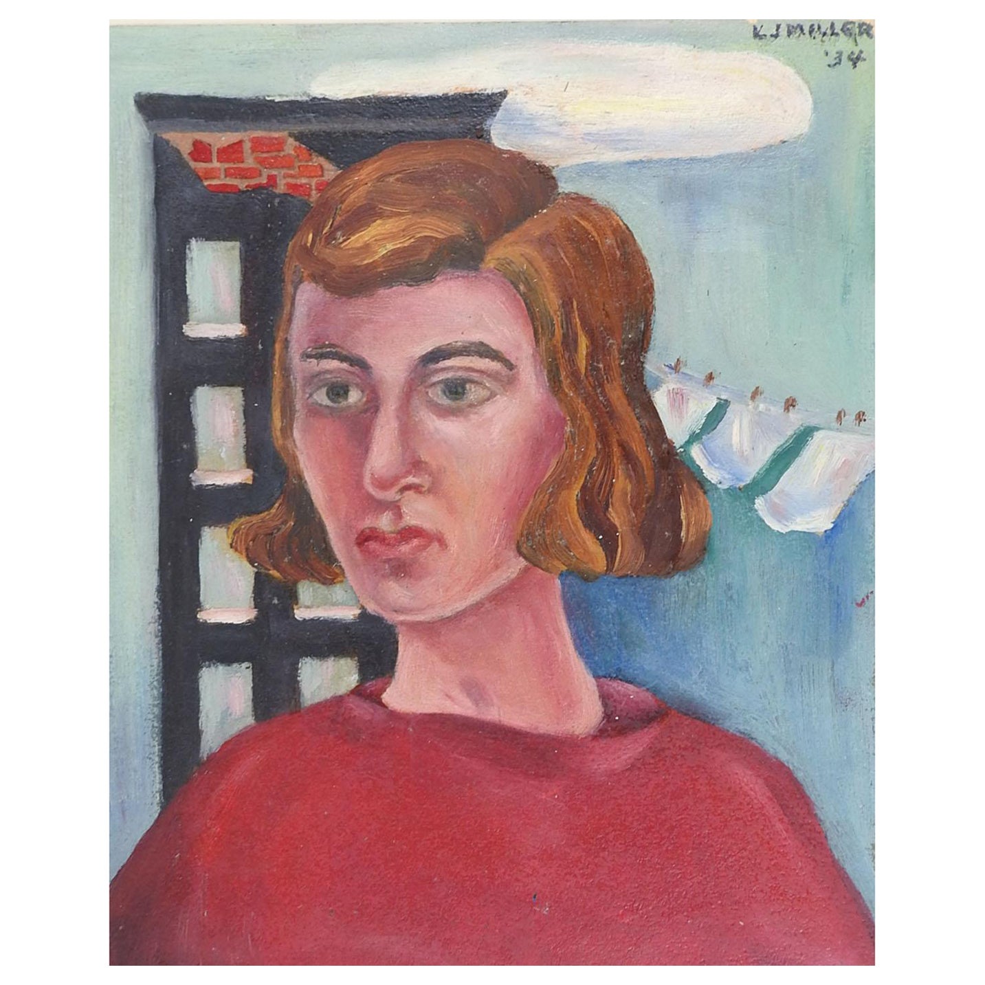 Vintage 1934 Woman in Red & Laundry Portrait Painting For Sale