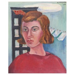 Vintage 1934 Woman in Red & Laundry Portrait Painting