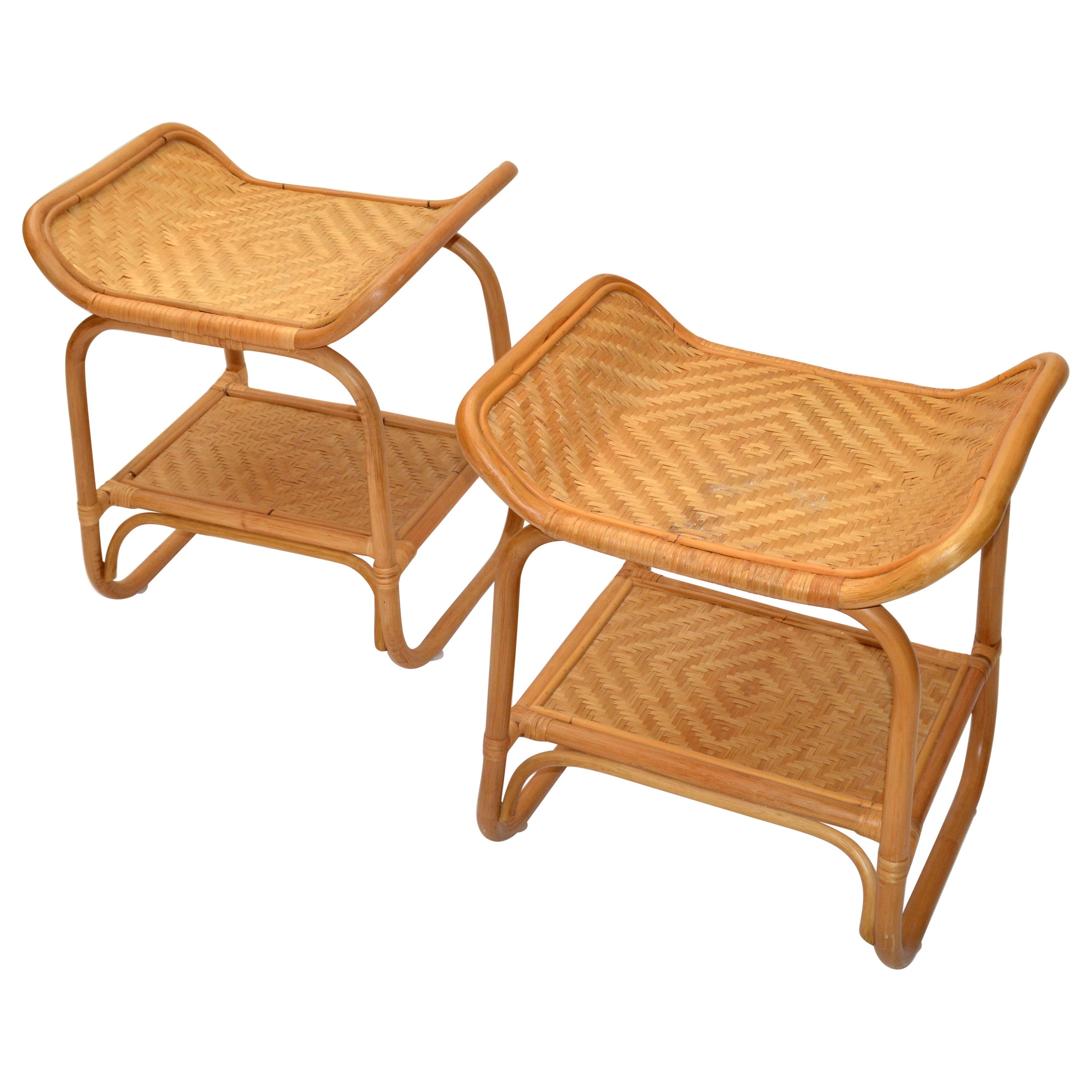 Pair, Asian Modern Handwoven Wicker & Rattan 2-Tier Side, Sofa, End Drink Tables For Sale
