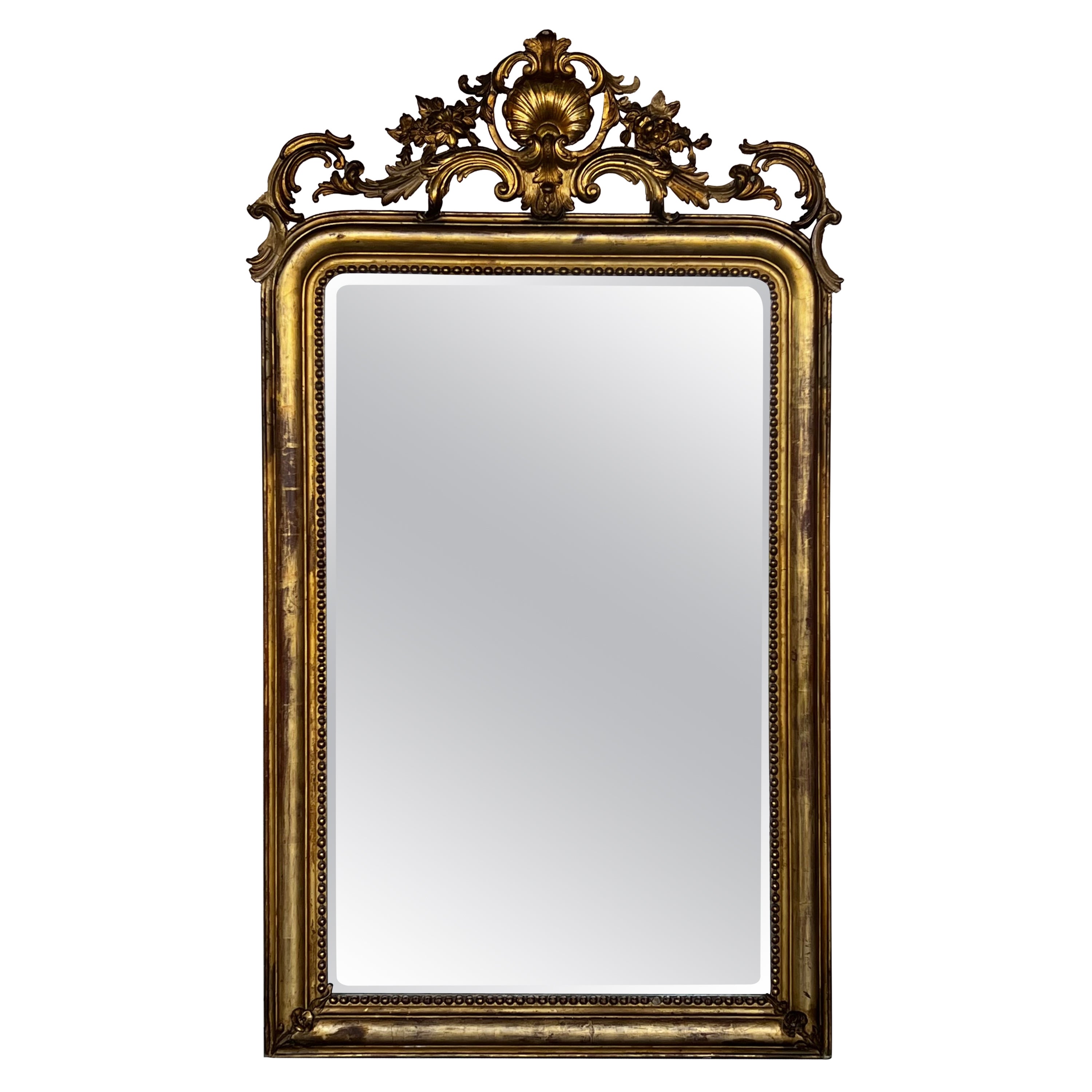 19th Century French Empire Period Carved Giltwood Rectangular Mirror with Crest For Sale