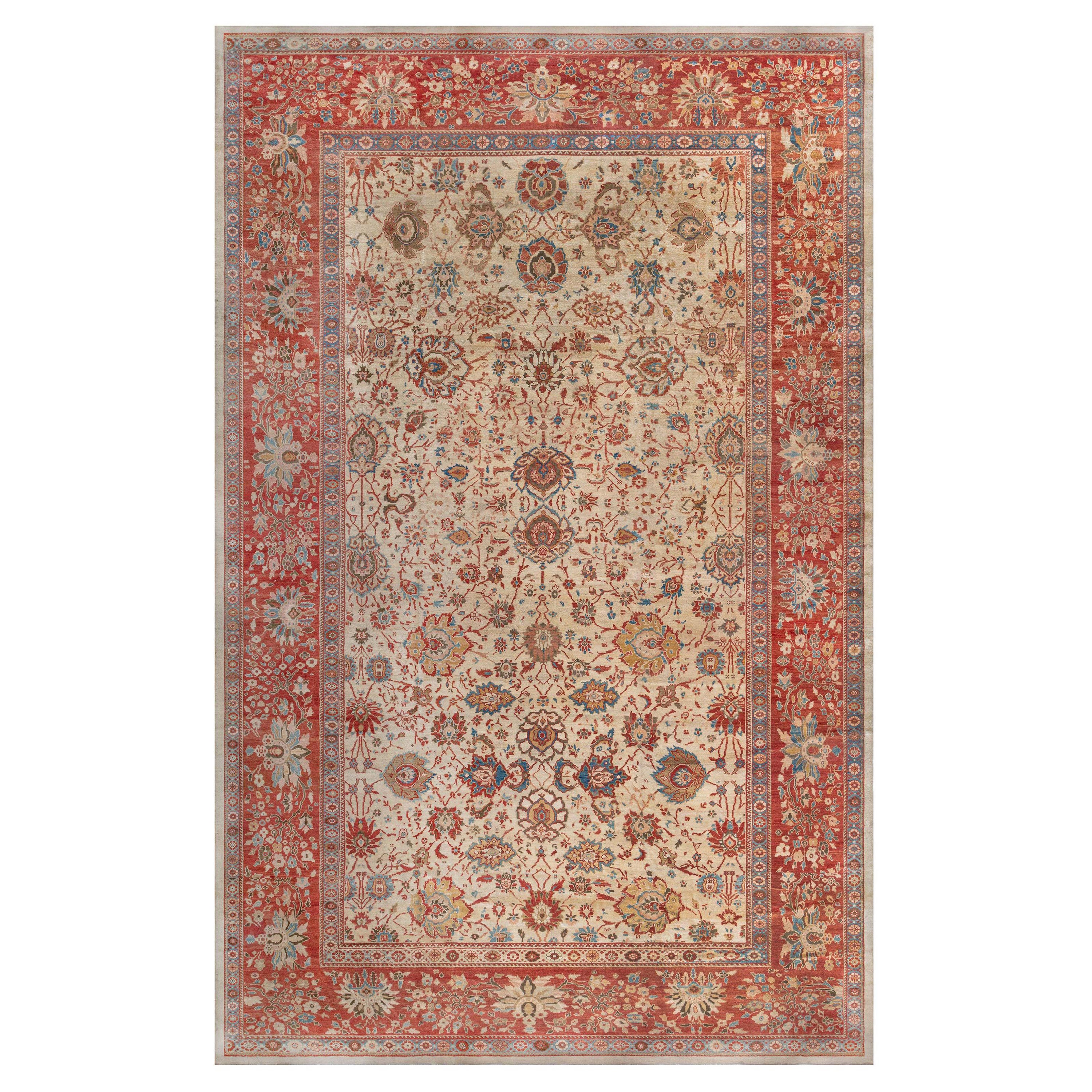  19th Century Persian Sultanabad Red Blue Beige Rug Size Adjusted For Sale