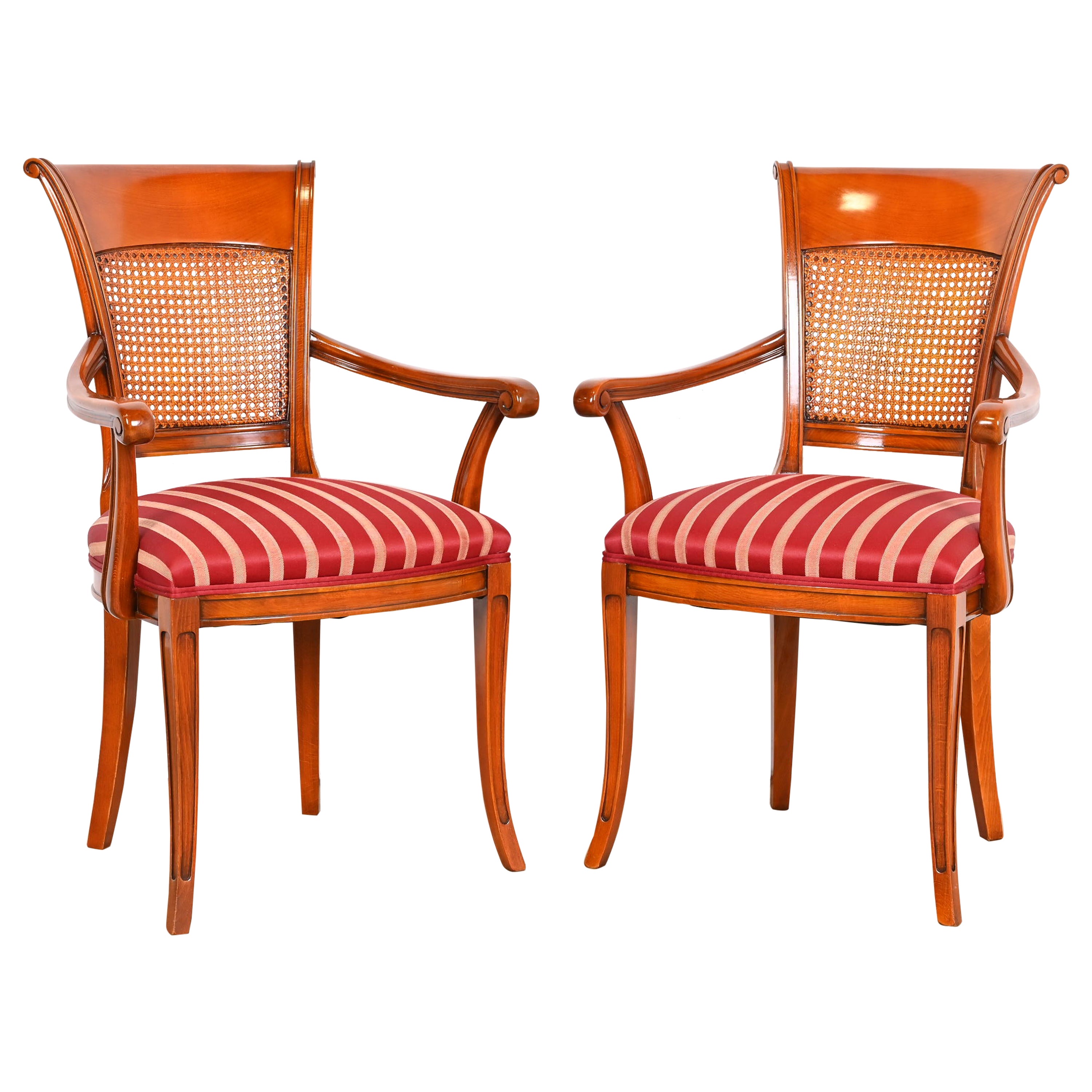 Italian Neoclassical Fruitwood Cane Back Armchairs, Pair
