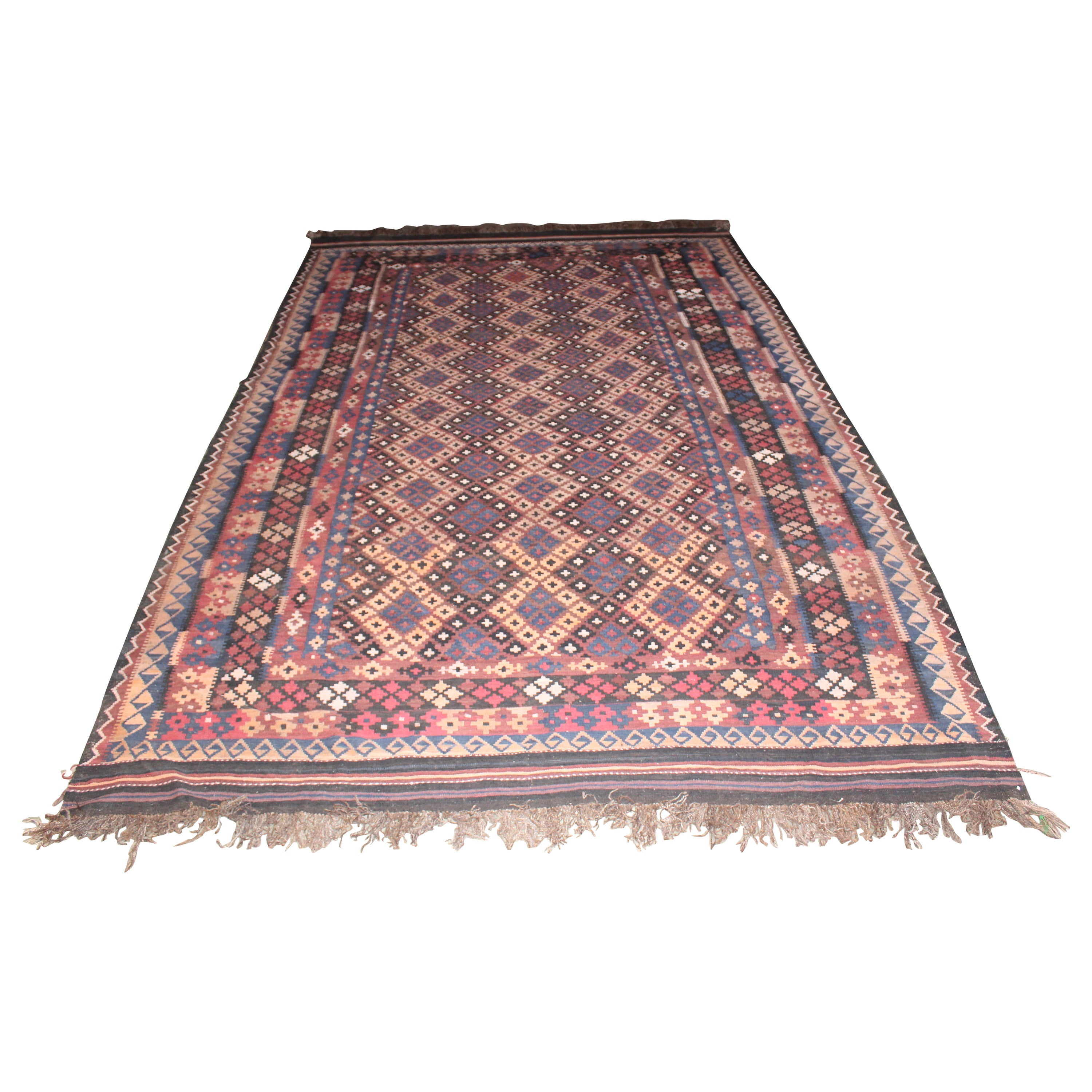 Grand tapis Kilim turc vintage à tissage plat, années 1960