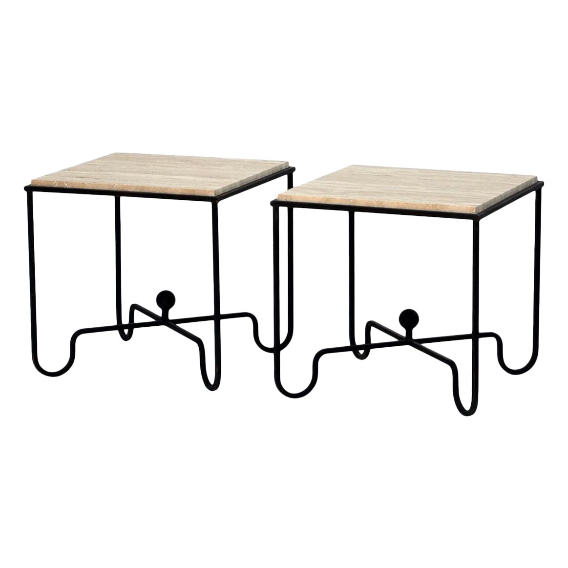 Pair of Wrought Iron and Travertine 'Entretoise' Side Tables by Design Frères