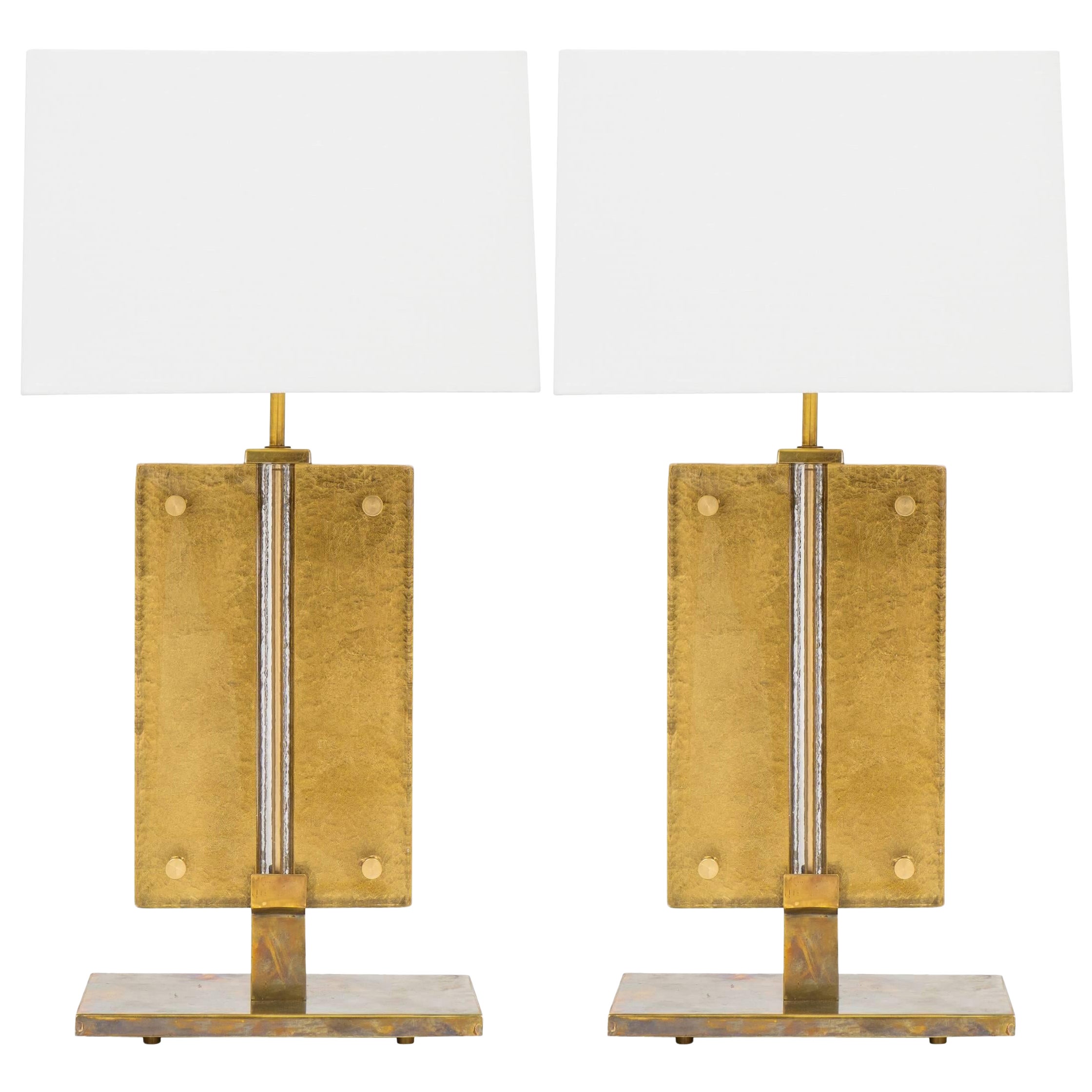Paar Muranoglas-Tischlampen mit goldfarbenem Blattwerk im Angebot