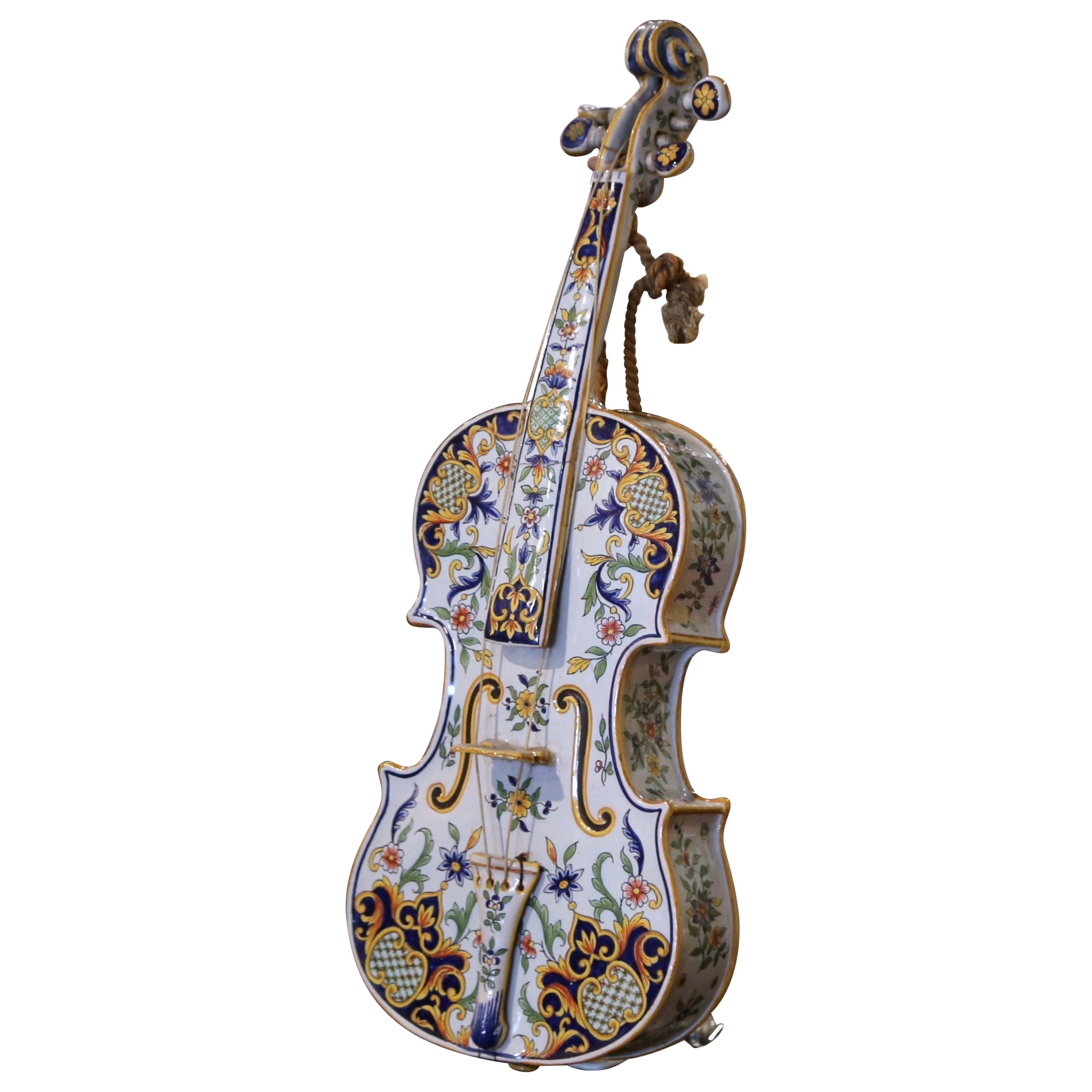 19th Century French Hand-Painted Faience Miniature Violin 