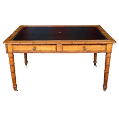 Pine Faux Bamboo Leather Top Writing Desk with Two Drawers, circa 1920