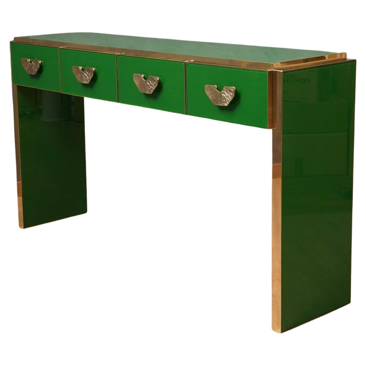 MidCentury Square Green Color Glass and Brass Console Table, 2020