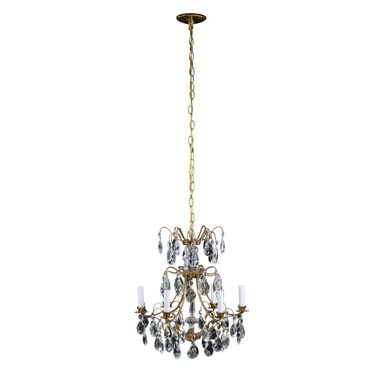 French Early 20th C. Brass 5Arm Chandelier w/ Hanging Crystals For