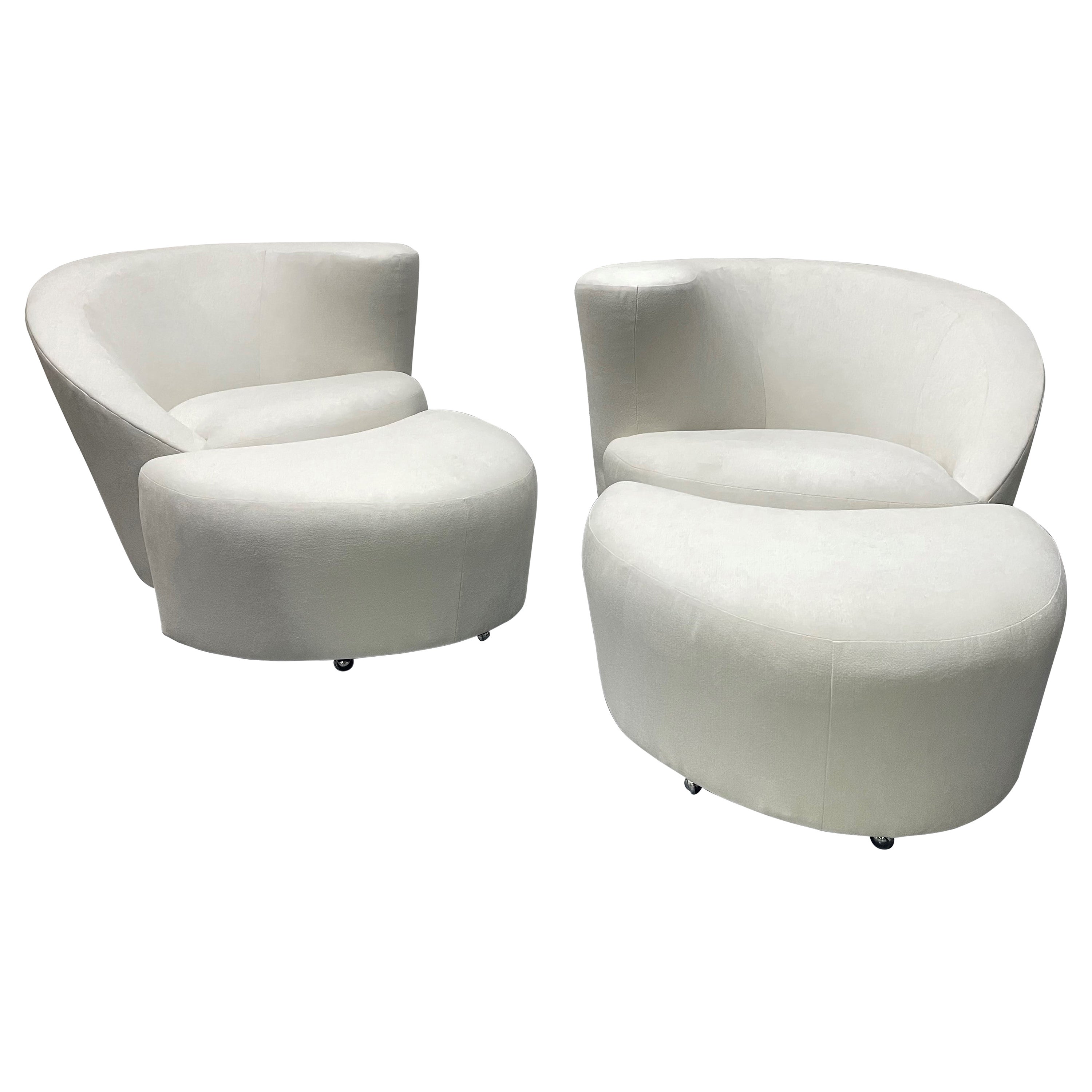  Nautilus Style Lounge Chairs with Matching Ottomans, Two Pairs