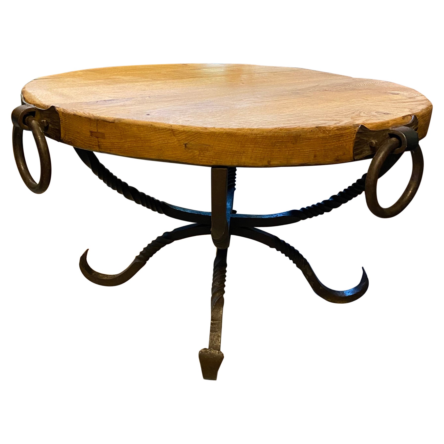 Oak and Iron Round Cocktail or Side Table, France, 1940's For Sale