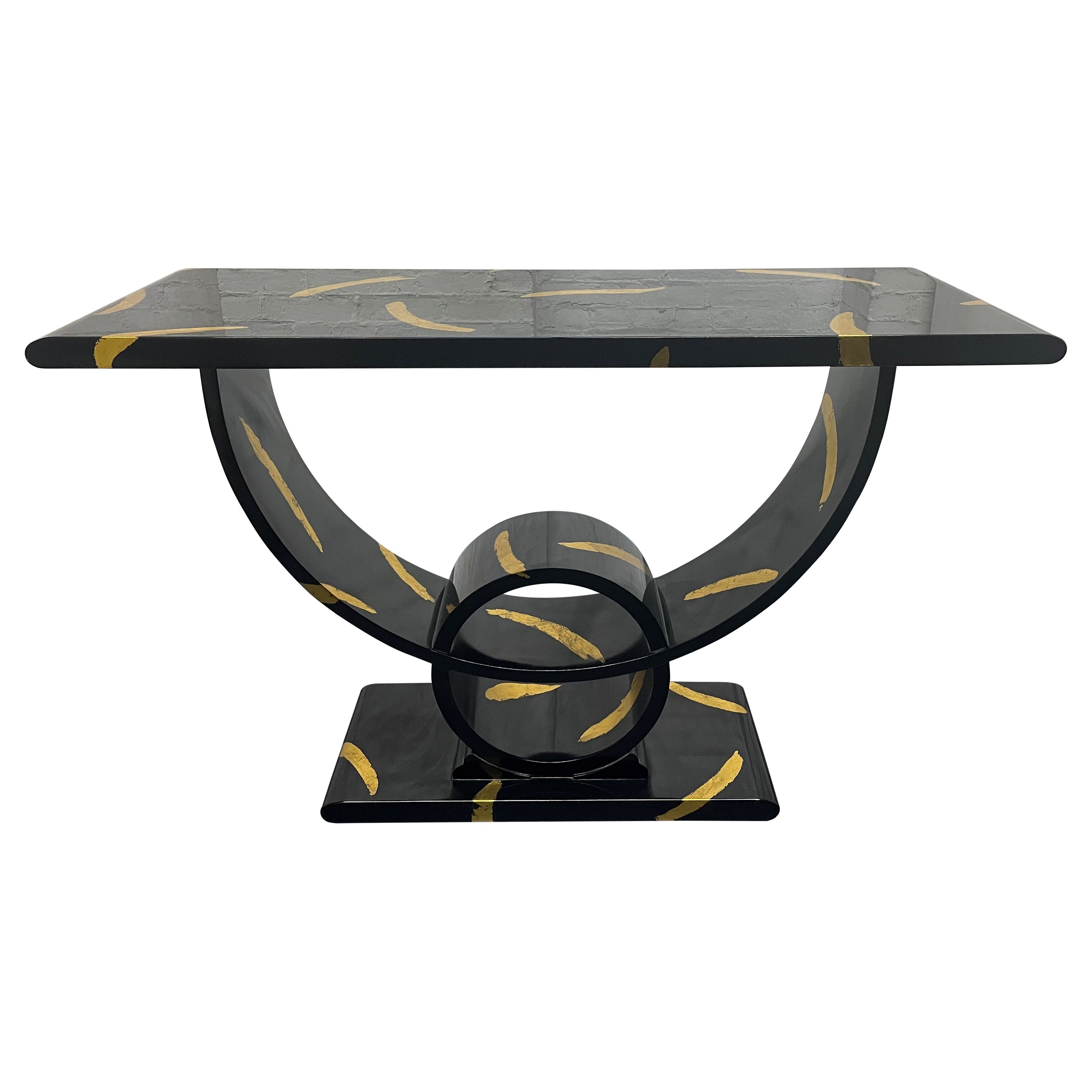 Decorative Black Lacquered and Gold Leaf Console For Sale