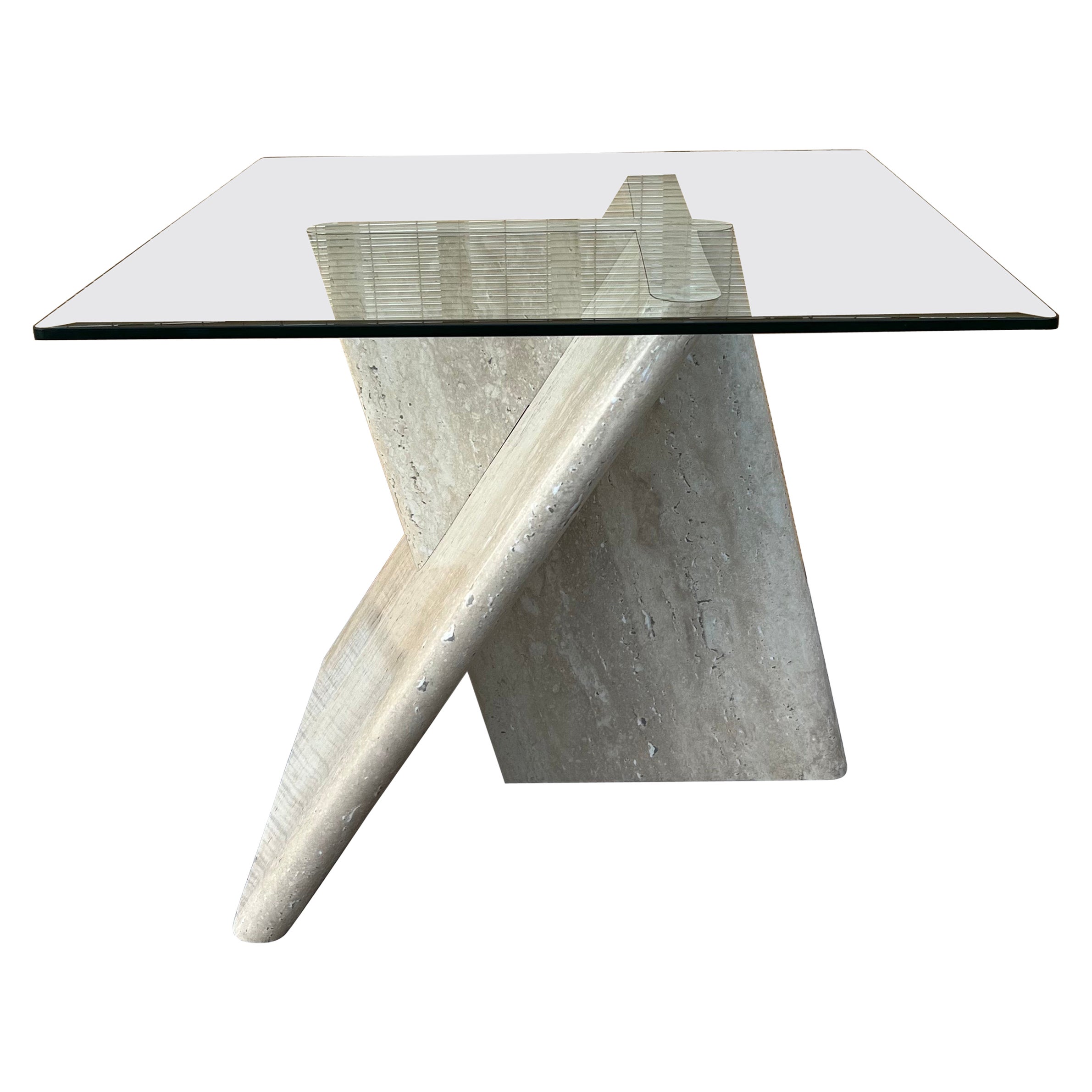 1970s Postmodern Marbleized Laminated Side Table with Glass Top For Sale
