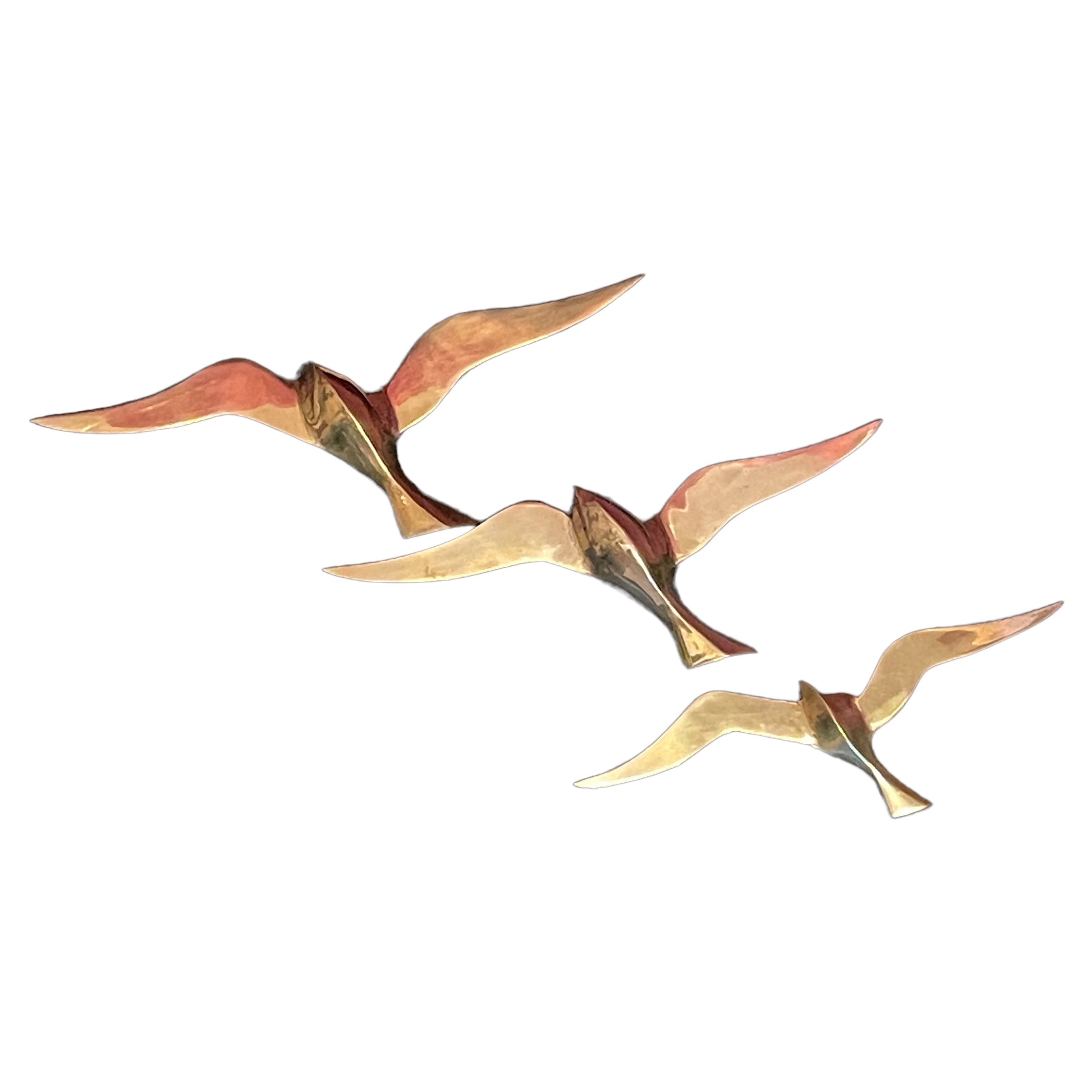 Set of Three Flying Swallows Birds Brass Metal Wall Decoration Vintage, 1960s For Sale