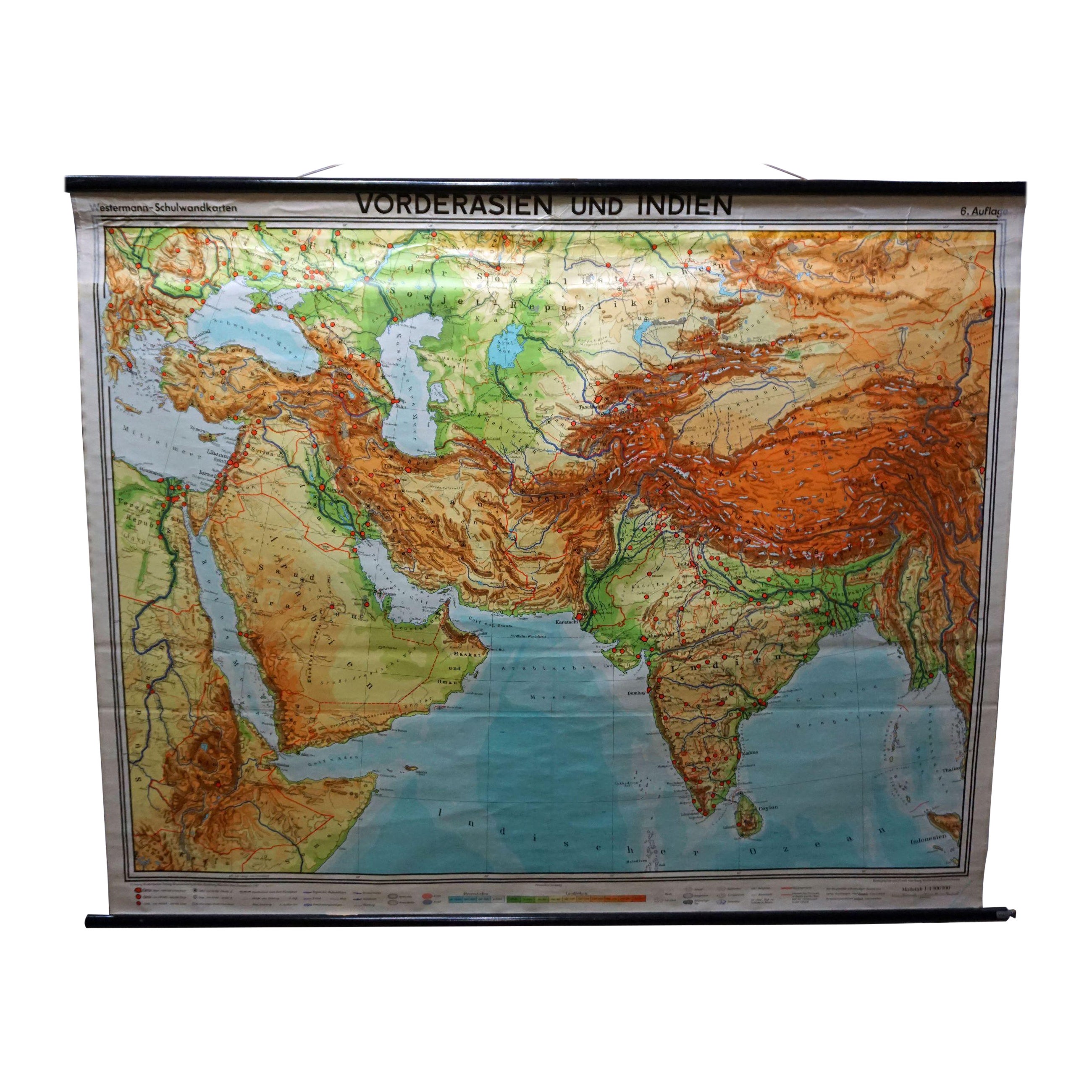 Middle East Saudia Arabia Israel India Map Rollable Mural Vintage Wall Chart For Sale