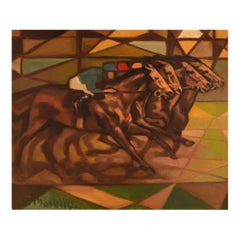 Huile sur toile d'un artiste suédois listé Curt Macell, Jockeys à cheval