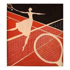 Unknown Artist, Oil on Board, Woman Playing Tennis, Mid 20th Century