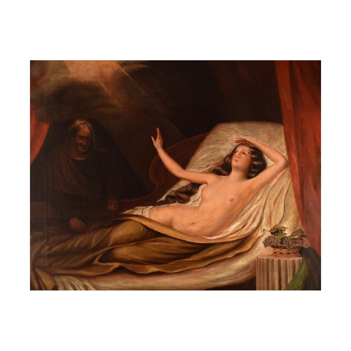 Artiste inconnu, huile sur toile, femme nue au lit, Danaé mythologique, 19ème C. en vente