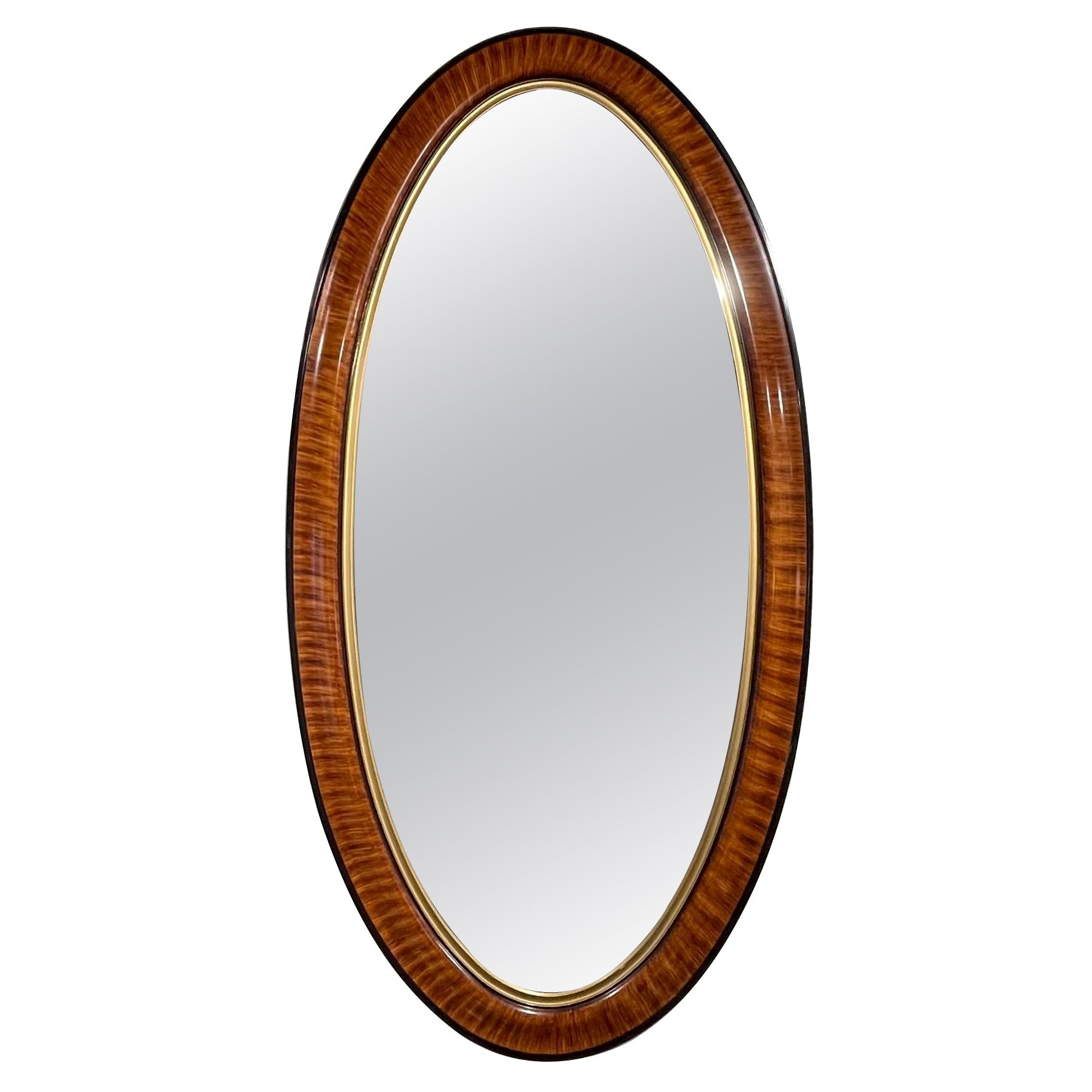 Mid Century Italian Narrow Oval Mirror with Faux Wood and Ebony Finish For Sale