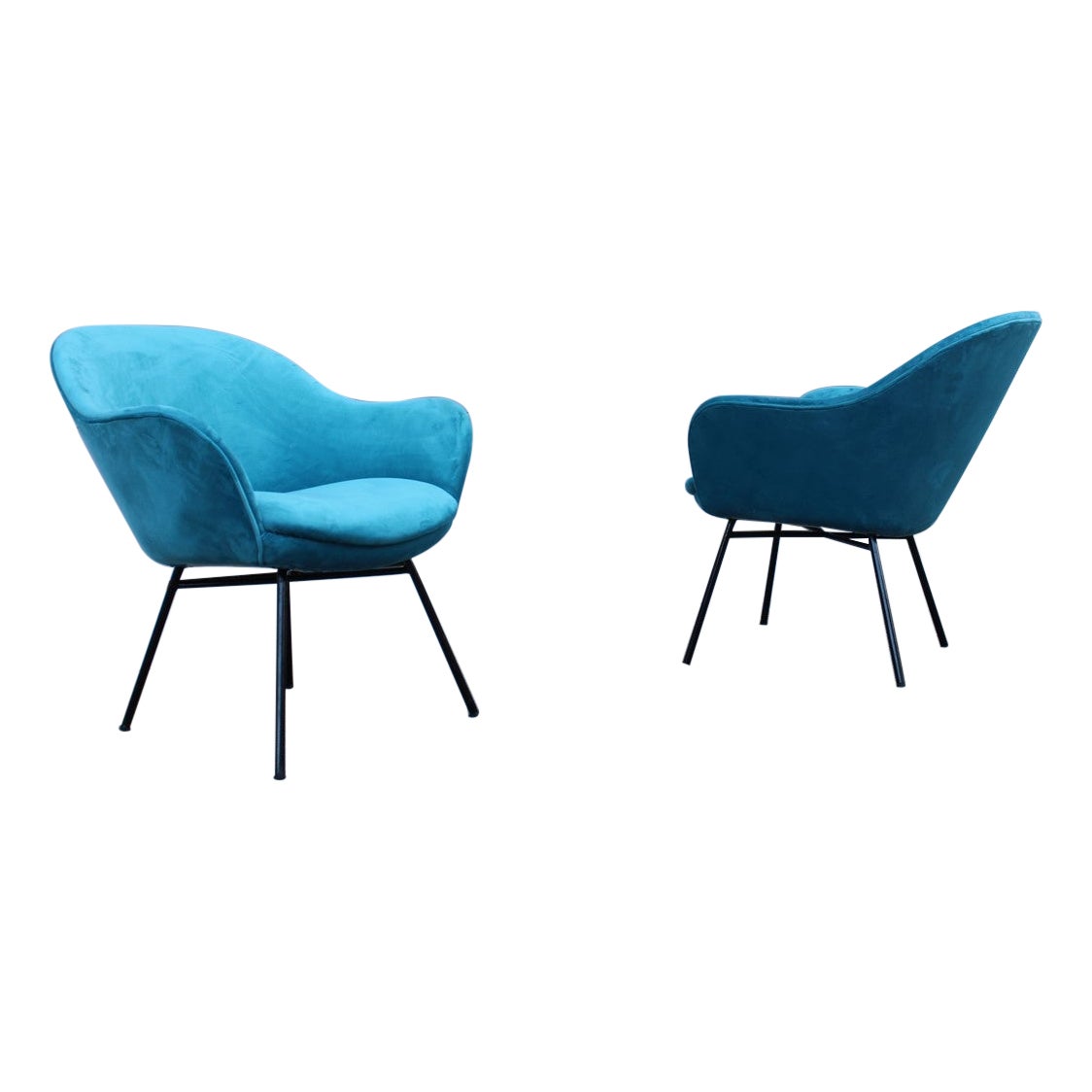 Paire de fauteuils en velours bleu de conception italienne du milieu du siècle dernier de Saporiti Augusto Bozzi