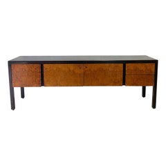 Mid-Century Modern Olive Burl, Leather Top and Mahogany Frame Credenza Sideboard