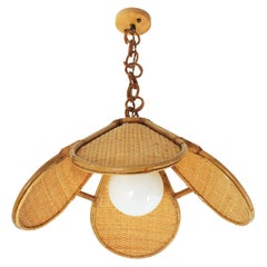Spanish Modernist Woven Rattan Bamboo Palm Pendant Lamp / Chandelier, 1960s