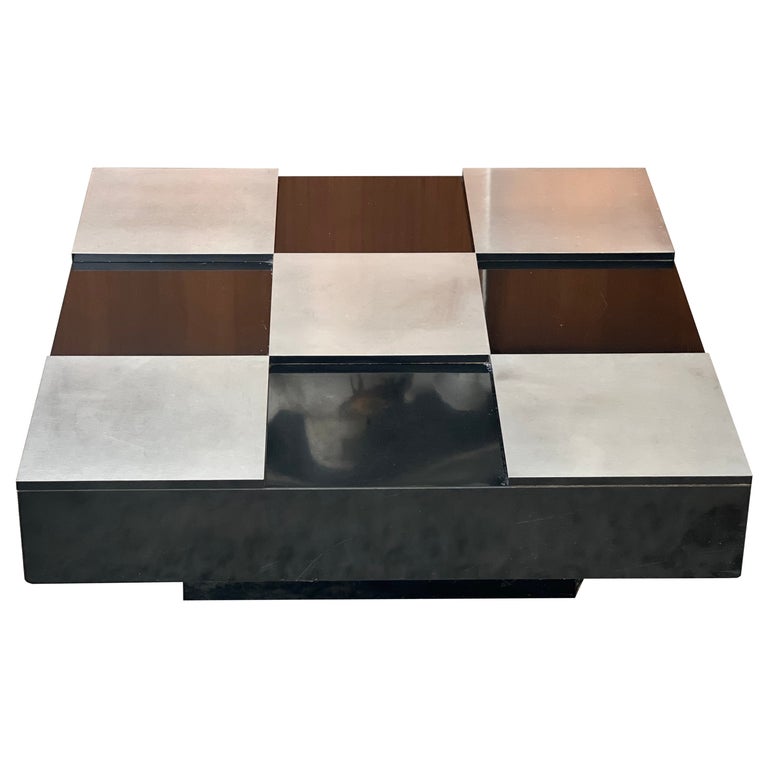 Italian Design, Black Lacquer and Brushed Steel Coffee Table Willy Rizzo 1970 For Sale