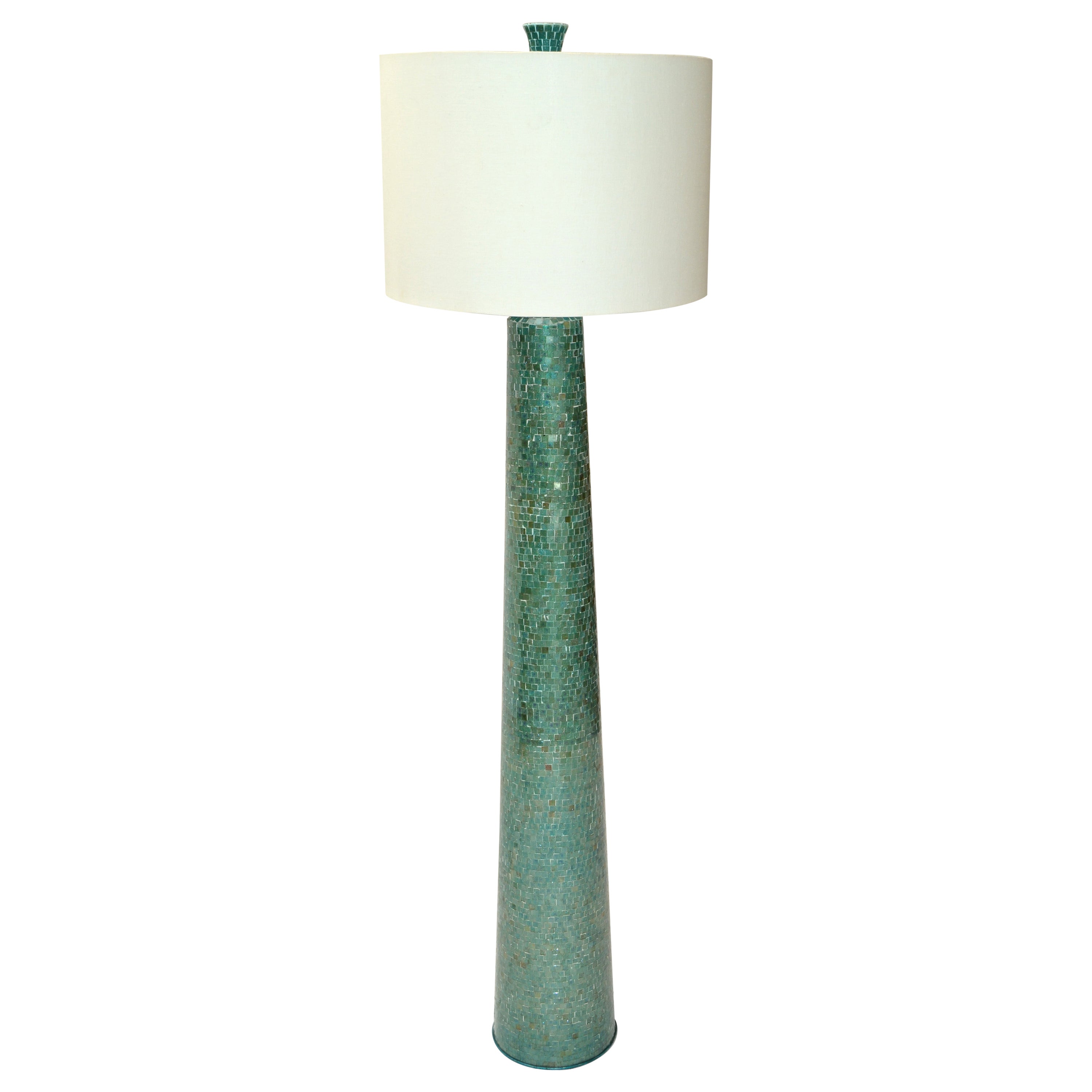 1970, Mosaic Glass over Wood Turquoise & Green Floor Lamp White Mint Drum Shade 