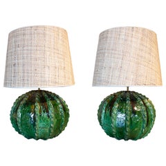 Pair of Table Lamps Made of Glazed Cactus-shaped Ceramics