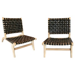 Pair of Wooden Armchairs with Black Leather Seat and Backrest