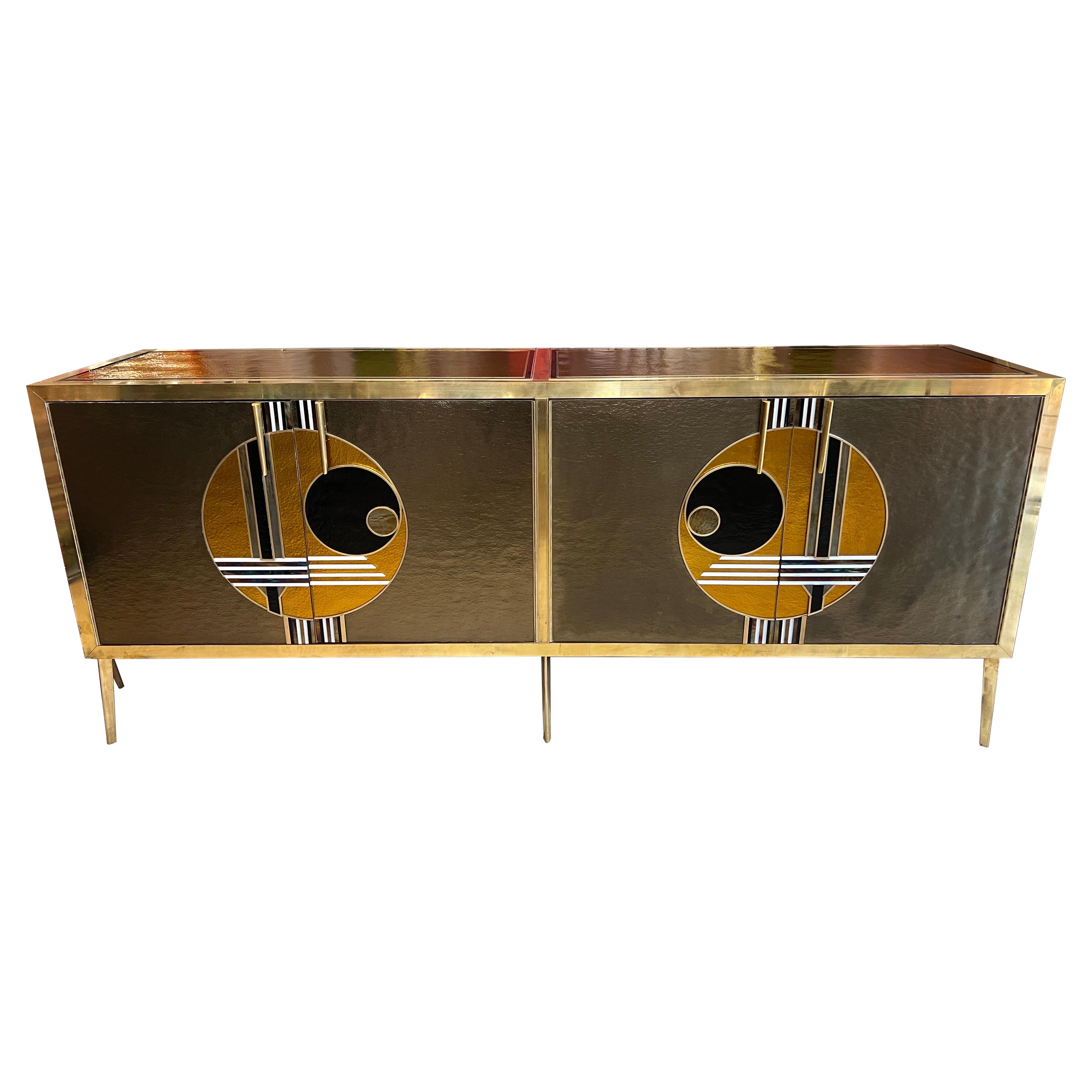 Vintage Italian Bronze and Gold Opaline Glass Credenza with brass fittings, 1980s