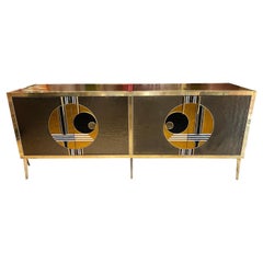Vintage Italian Bronze and Gold Opaline Glass Credenza with brass fittings, 1980s