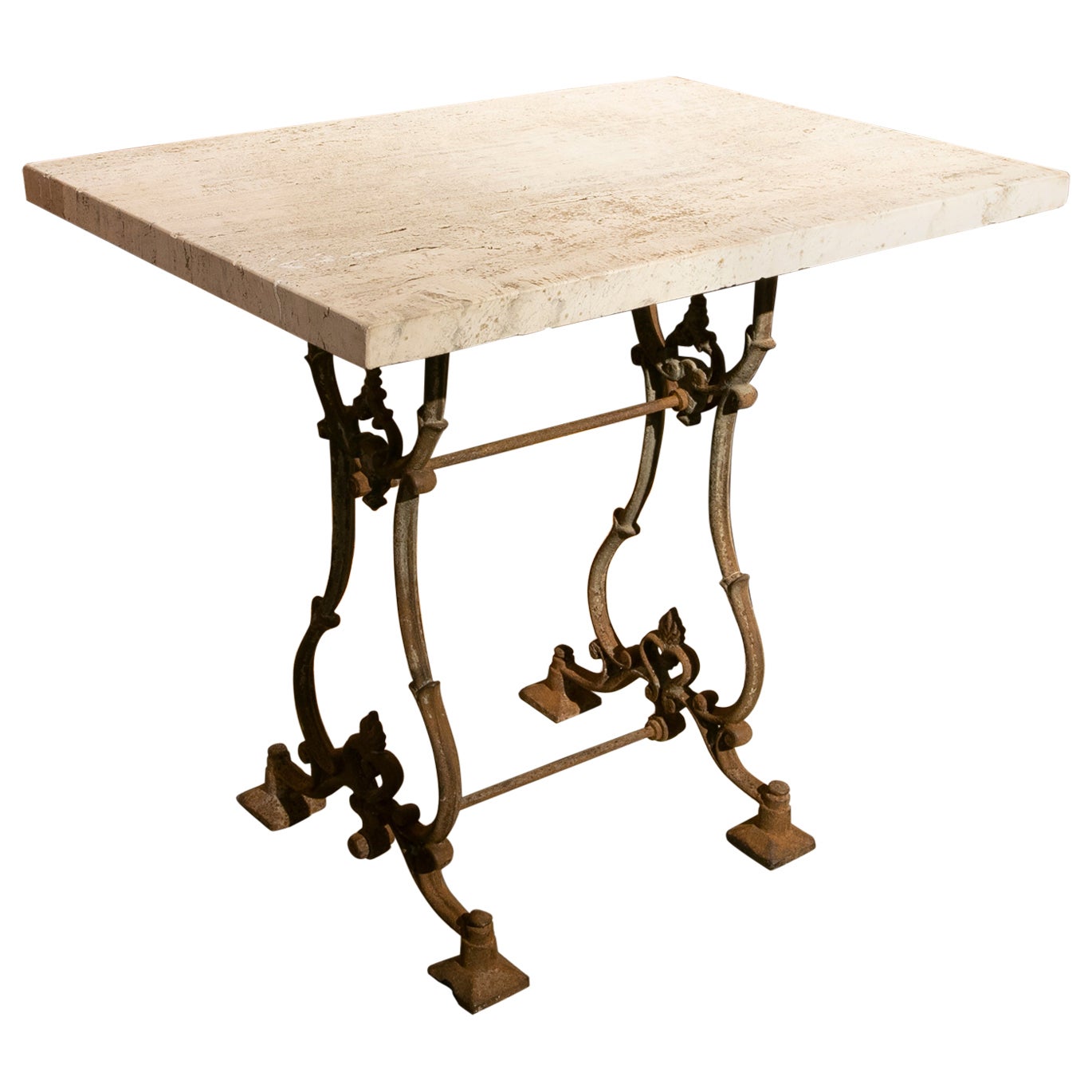 1970s Spanish Iron Table with Italian Travertine Top For Sale